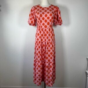 Who What Wear Pink Orange Polka Dot Tiered Maxi Dress XS Puff Sleeve Mod Cottage